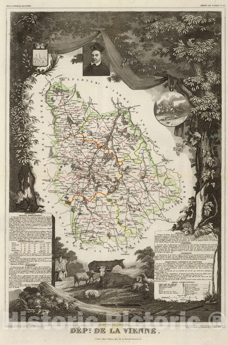 Historic Map : France, 1856 Dept. De La Vienne. , Vintage Wall Art