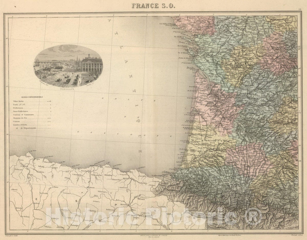 Historic Wall Map : France, 1892 France S.O. , Vintage Wall Art