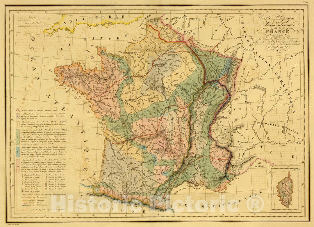 Historic Map : France, 1837 Carte Physique et Mineralogique de la France. , Vintage Wall Art