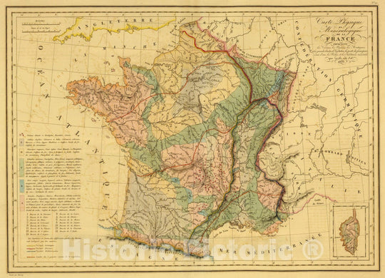 Historic Map : France, 1837 Carte Physique et Mineralogique de la France. , Vintage Wall Art