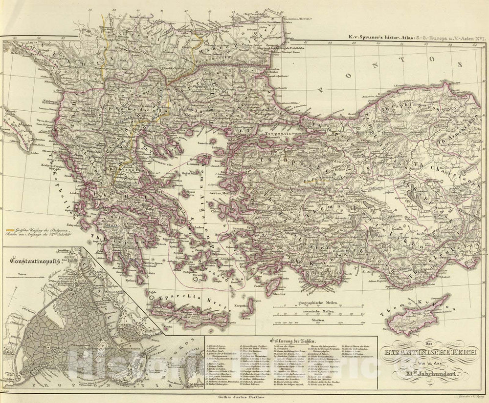 Historic Map : Greece; Turkey , Istanbul (Turkey), Balkan Peninsula 1855 Das Byzantinische Reich bis in das XIte. Jahrhundert. , Vintage Wall Art