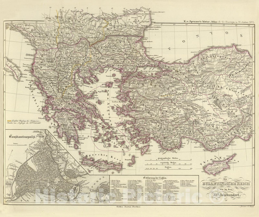 Historic Map : Greece; Turkey , Istanbul (Turkey), Balkan Peninsula 1855 Das Byzantinische Reich bis in das XIte. Jahrhundert. , Vintage Wall Art