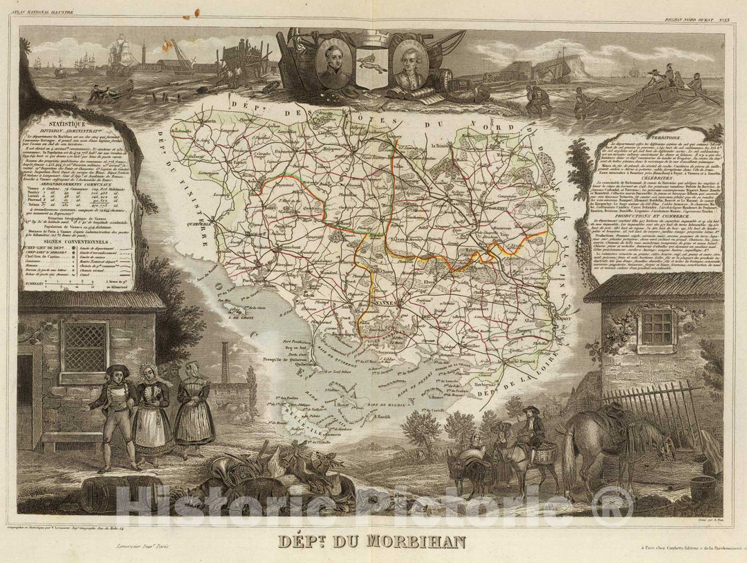 Historic Map : France, 1856 Dept. Du Morbihan. , Vintage Wall Art