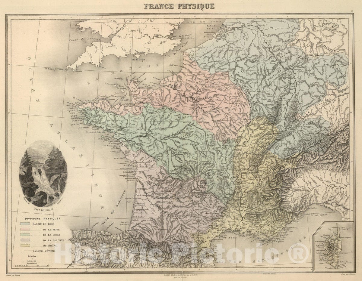 Historic Map : France; Germany, 1892 France physique. , Vintage Wall Art