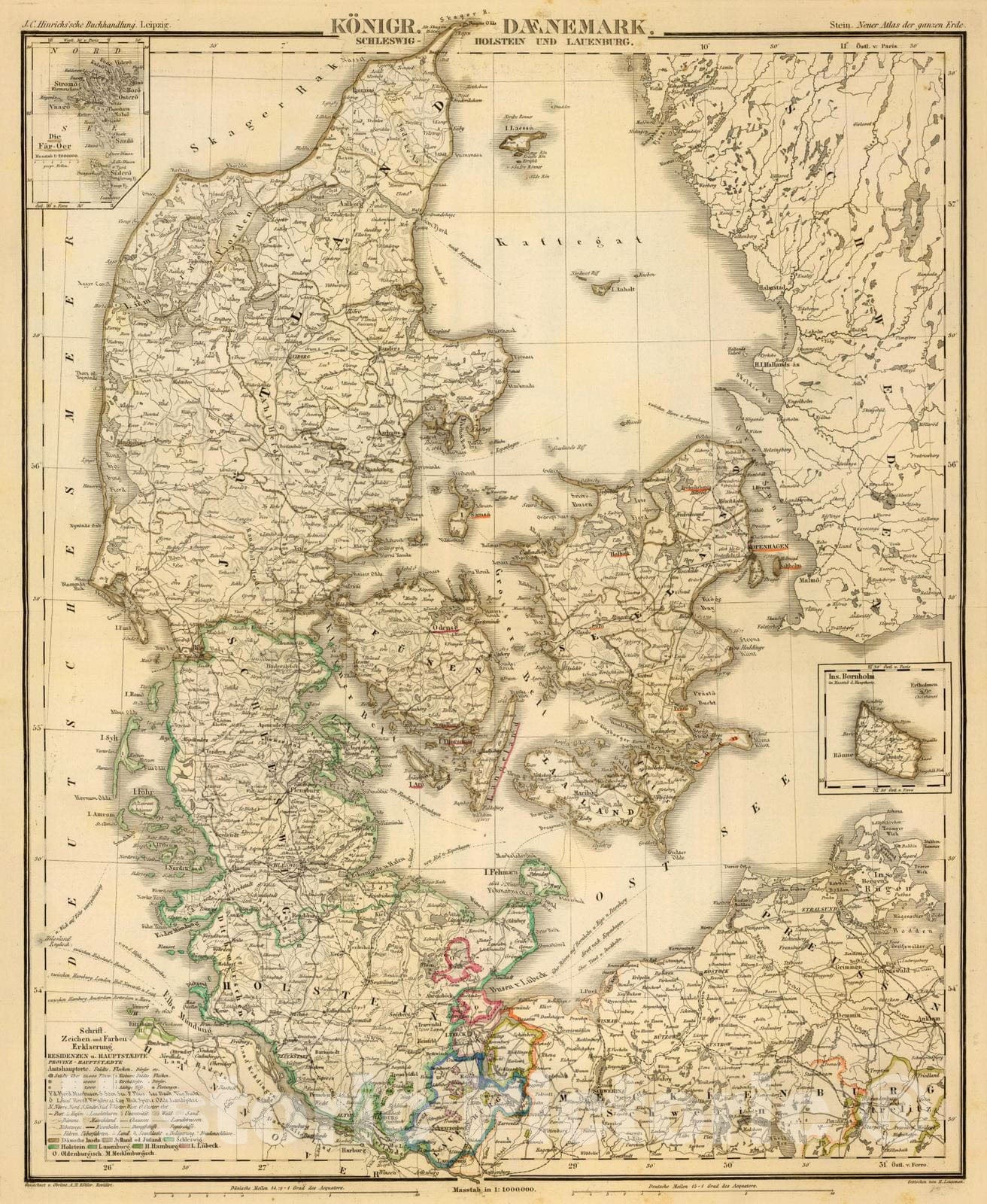 Historic Map : Denmark; Germany, Faroe Islands 1865 Daenemark, Schleswig-Holstein u. Lauenburg. , Vintage Wall Art