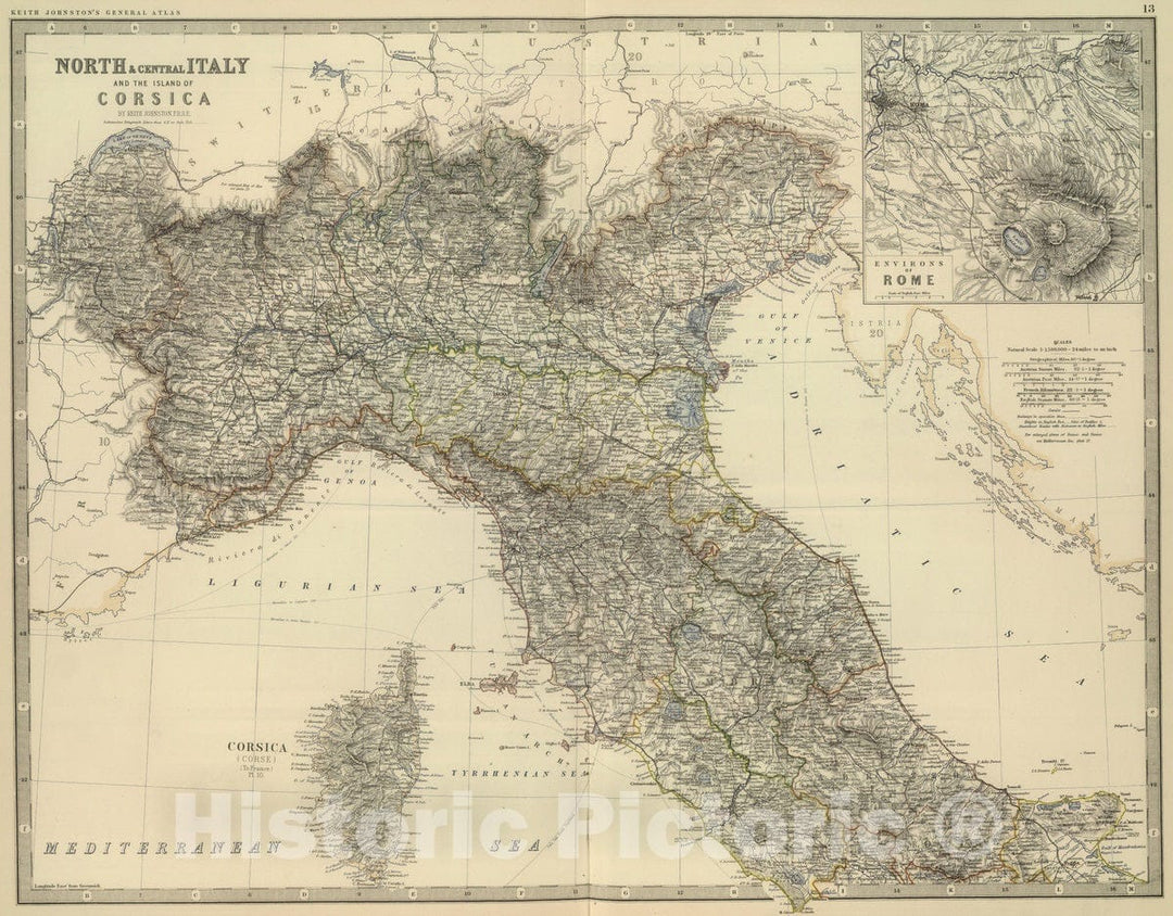 Historic Map : 1879 North & Central Italy and Corsica. - Vintage Wall Art