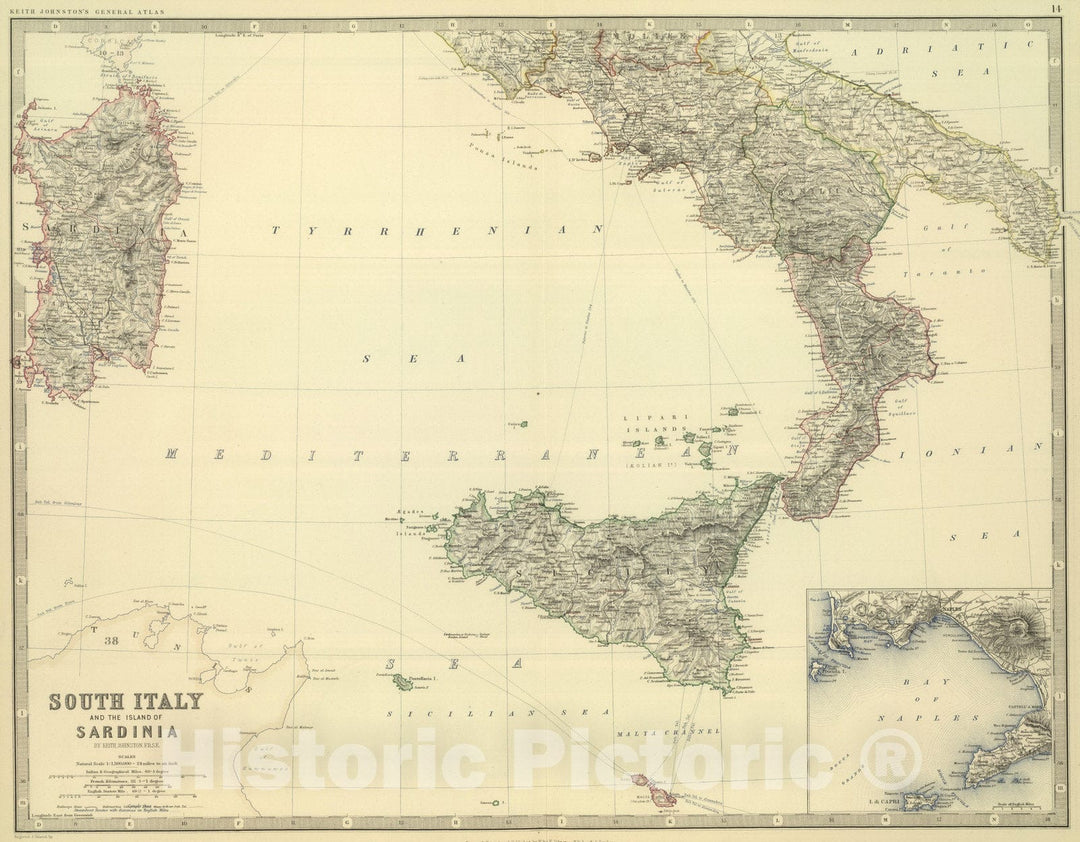 Historic Map : 1879 South Italy and the Island of Sardinia. - Vintage Wall Art