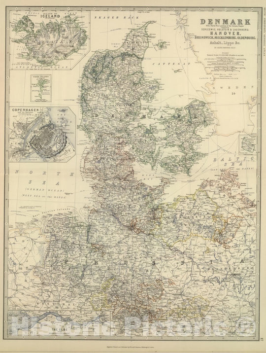 Historic Map : 1879 Denmark with Northwest portion of the German Empire - Vintage Wall Art