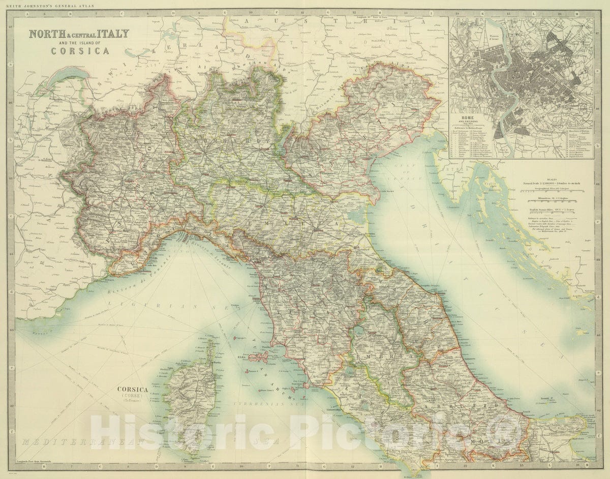 Historic Map : 1911 North & Central Italy and Corsica. - Vintage Wall Art