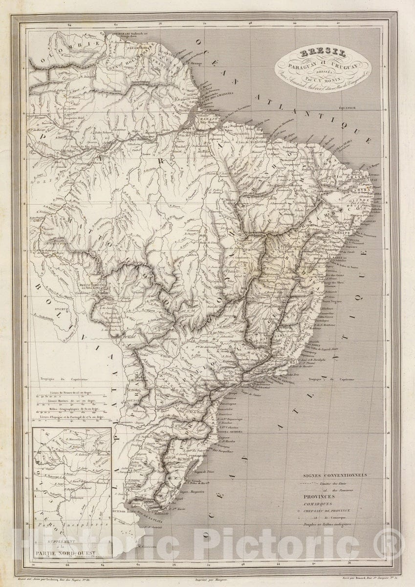 Historic Map : Brazil; Paraguay, 1837 Bresil, Paraguay, et Uruguay. , Vintage Wall Art