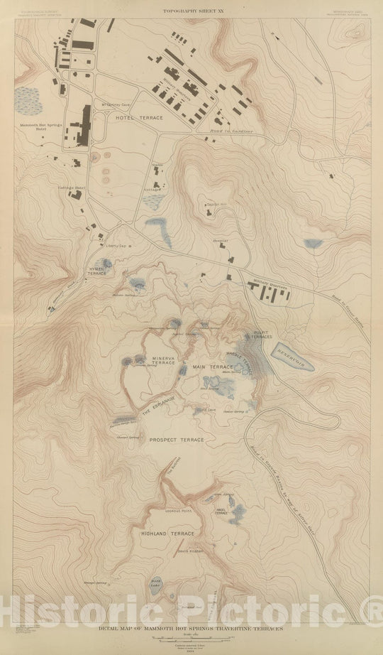 Historic Map : Geologic Atlas - 1904 Detail Map of Mammoth Hot Springs Travertine Terraces. - Vintage Wall Art