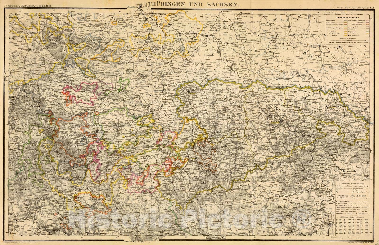 Historic Map : Germany, 1865 Thuringen u. Sachsen. , Vintage Wall Art