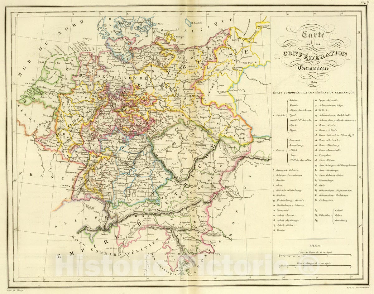 Historic Map : Germany; Netherlands, 1837 Confederation Germanique. , Vintage Wall Art