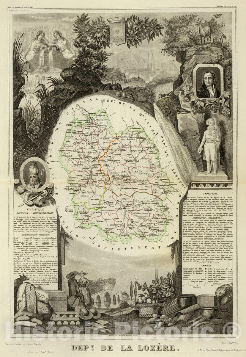 Historic Map : France, 1856 Dept. De La Lozere. , Vintage Wall Art