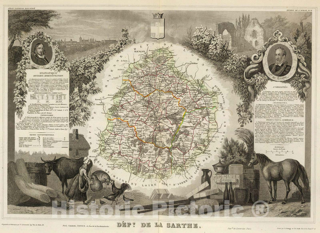 Historic Map : France, 1856 Dept. De La Sarthe. , Vintage Wall Art