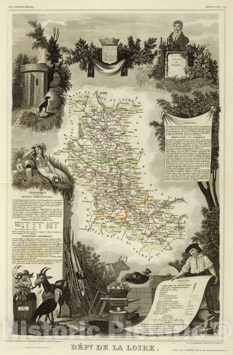 Historic Map : France, 1856 Dept. De La Loire. , Vintage Wall Art