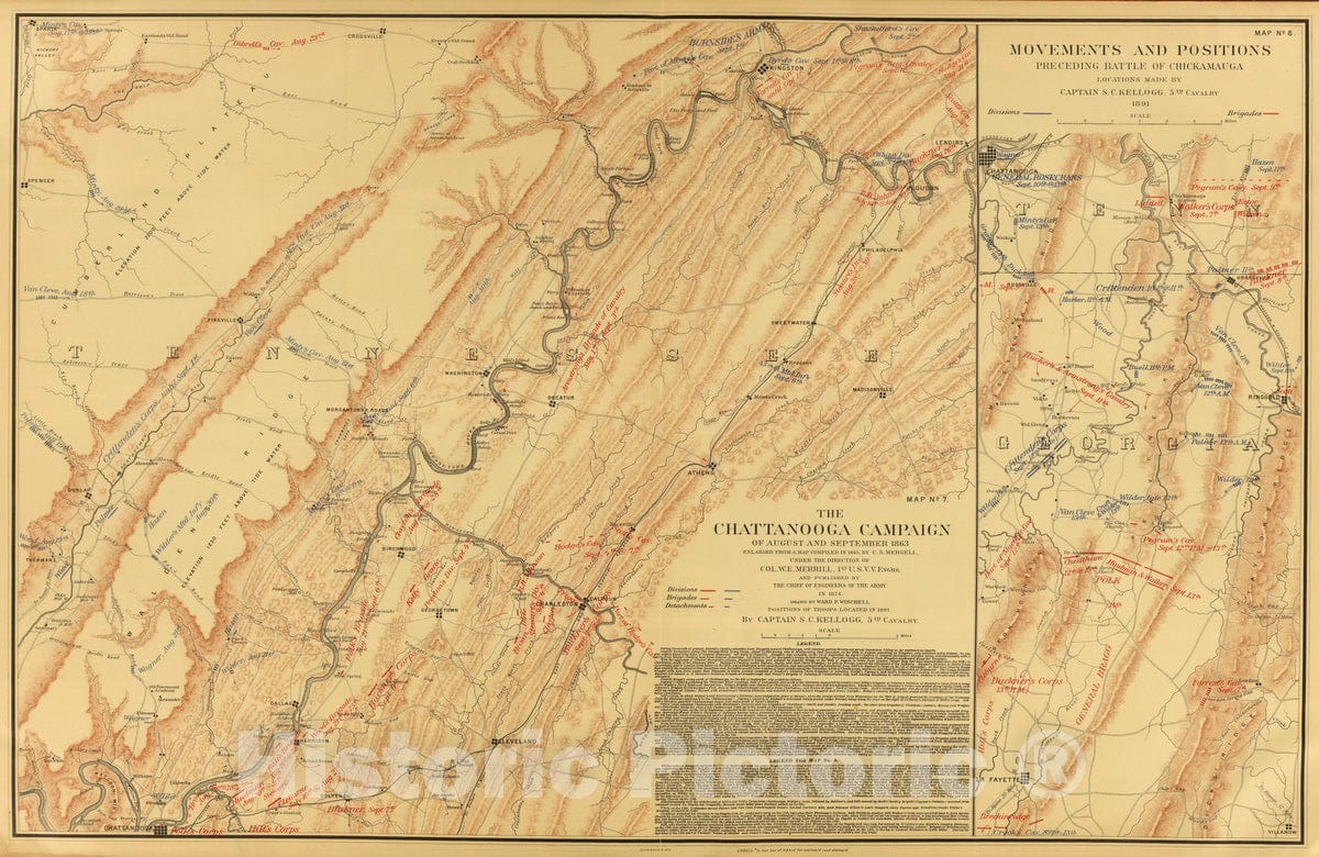 Historic Map : Military Atlas - 1891 Chattanooga, Chickamauga campaigns. - Vintage Wall Art