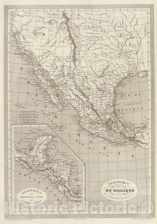 Historic Map : Mexico; United States, Central America, America; North 1837 Mexique et L'Amerique Centrale. , Vintage Wall Art