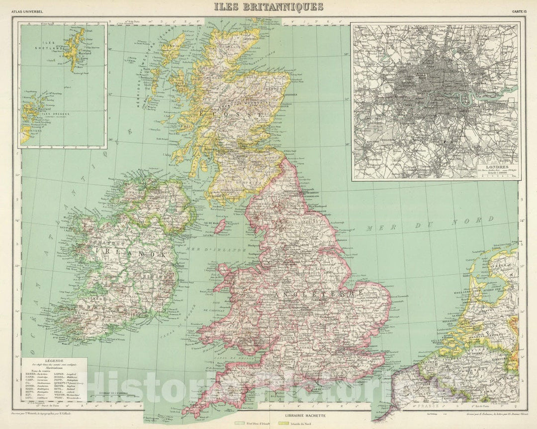 Historic Map : England; Ireland, 1930 Iles Britanniques. , Vintage Wall Art