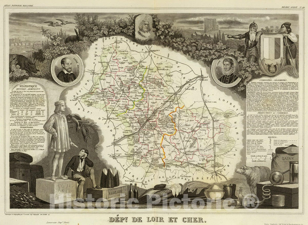 Historic Map : France, 1856 Dept. De Loir et Cher. , Vintage Wall Art