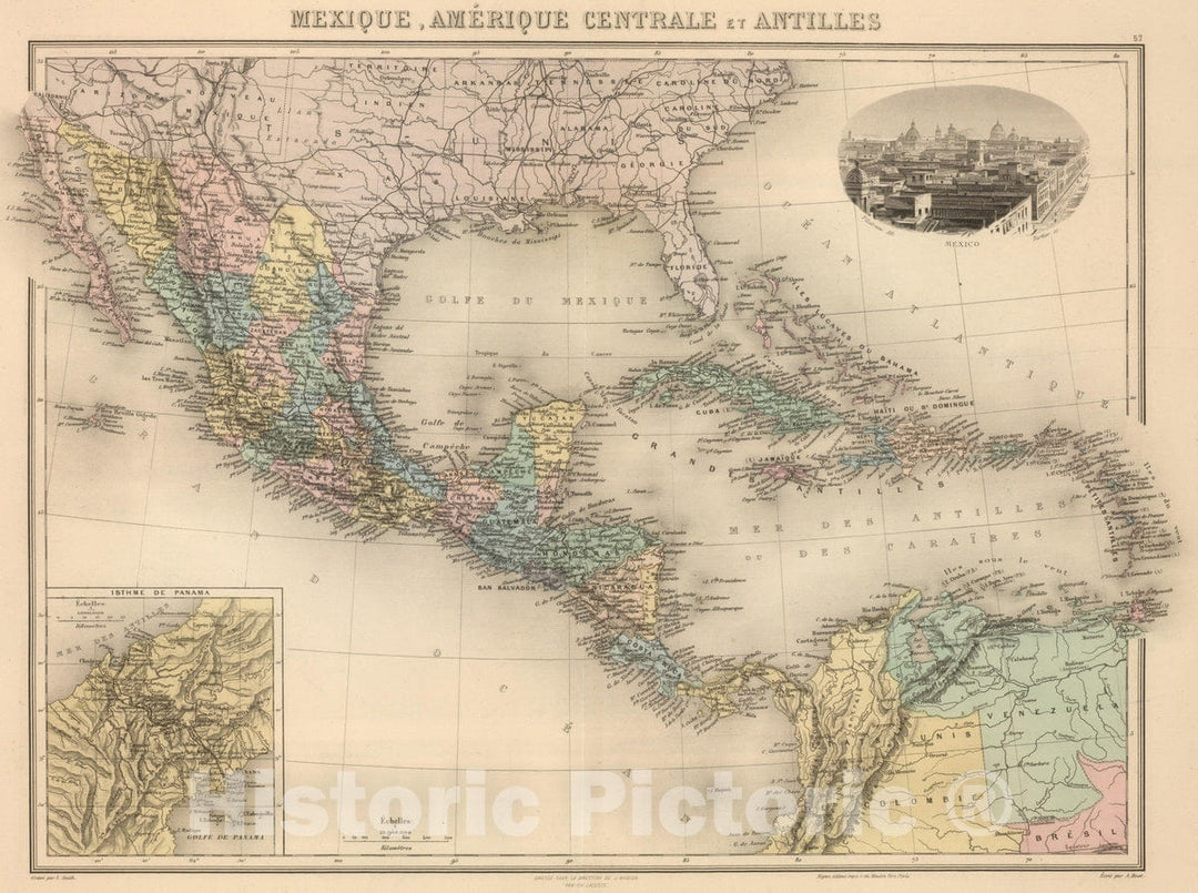 Historic Map : Cuba; Mexico, Caribbean Sea, Central America; West Indies 1892 Mexique, Amerique Centrale et Antilles. , Vintage Wall Art