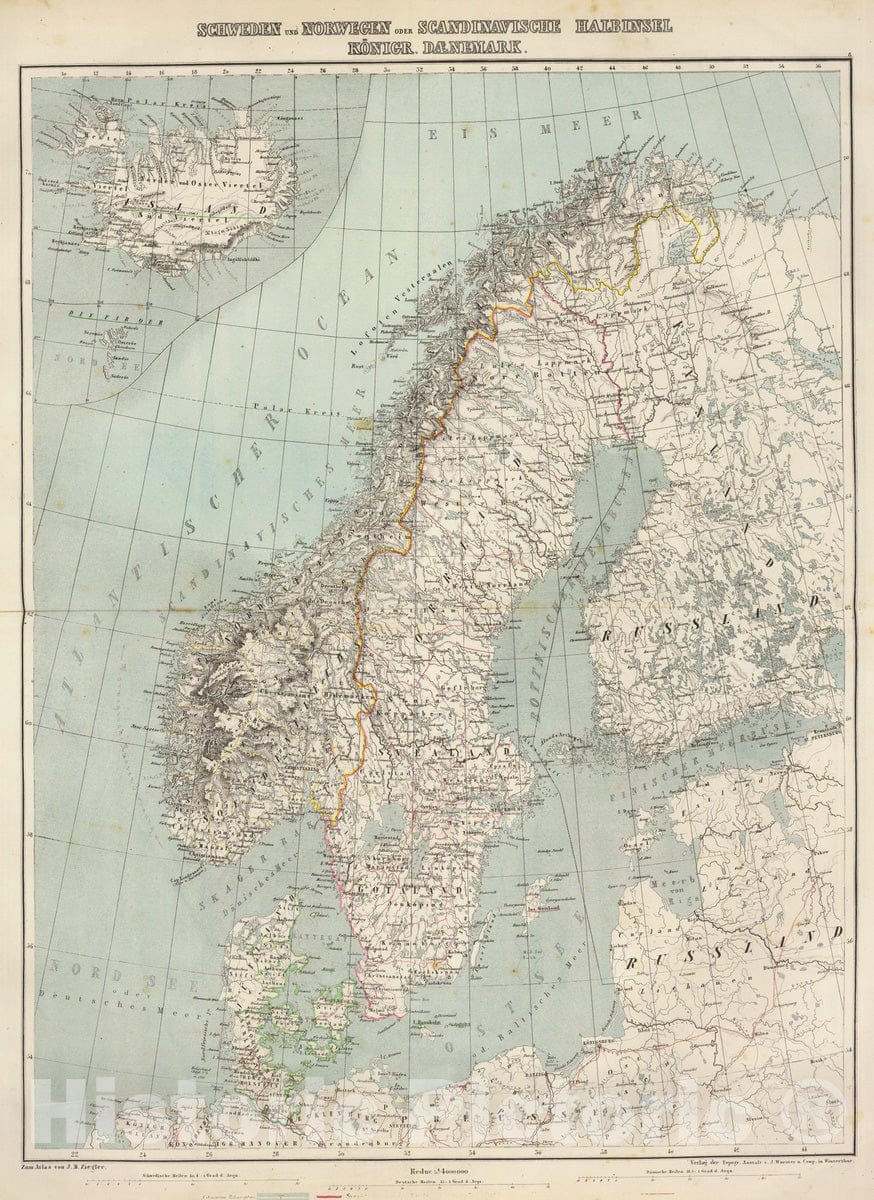 Historic Map : Norway; Sweden, Scandinavia 1864 Schweden, Norwegen, Daenemark. , Vintage Wall Art