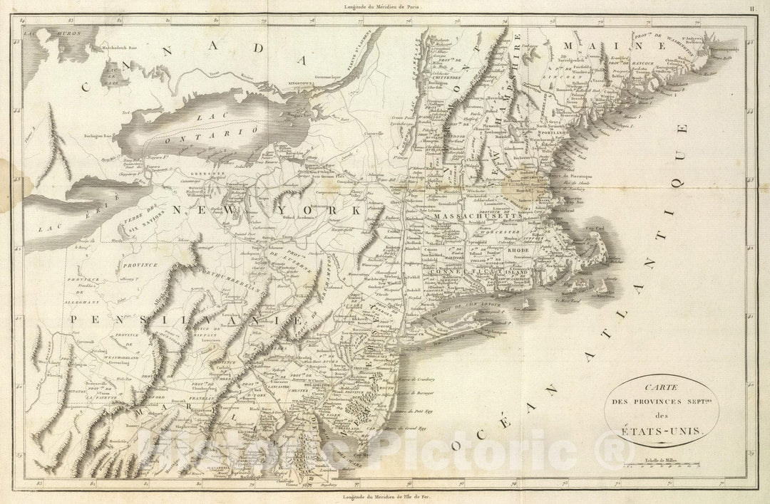 Historic Map : United States, Connecticut, 1807 Carte des Provines Septles. des Etats-Unis. , Vintage Wall Art