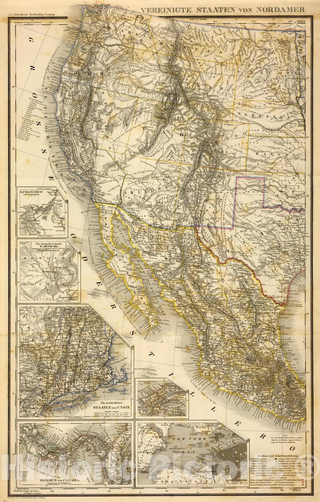 Historic Map : Mexico; United States, Tennessee, Wartburg Region (Tenn.), North America 1865 Vereinigte Staaten von NordAmerika, Vintage Wall Art