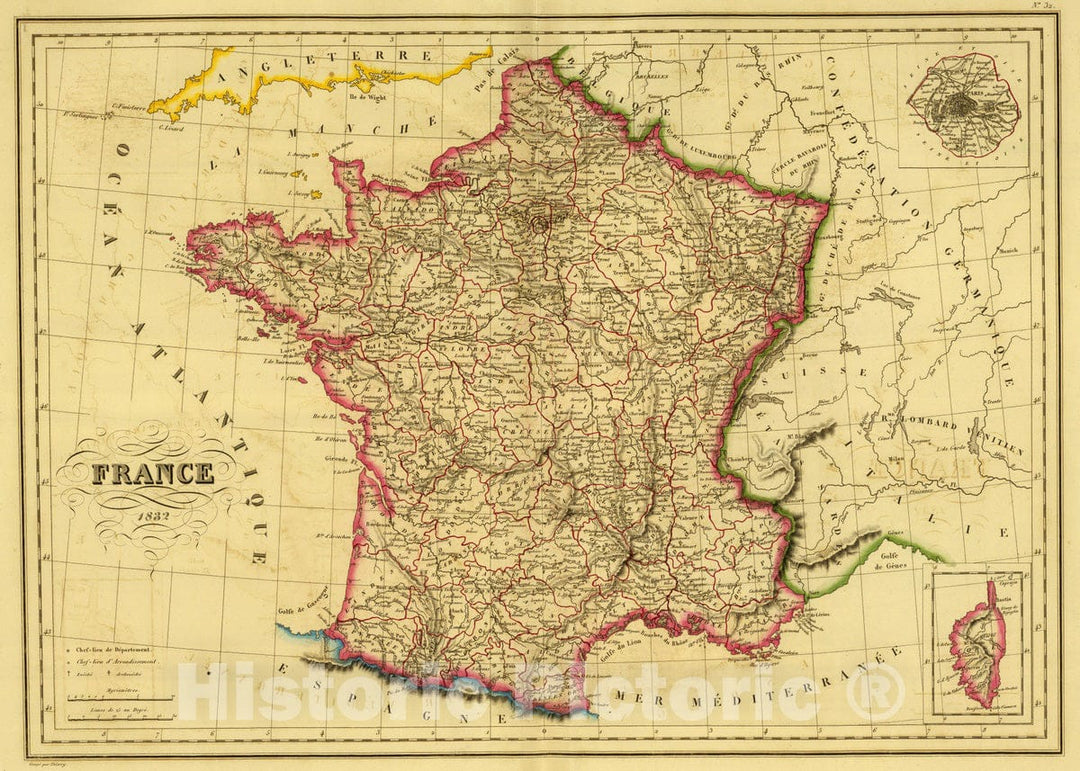 Historic Map : 1837 France. - Vintage Wall Art