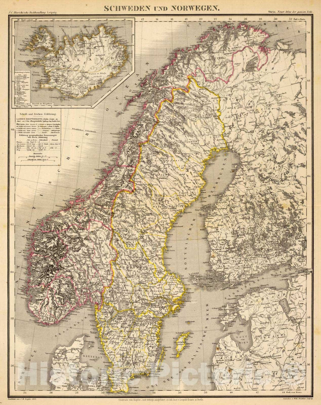 Historic Map : Norway; Sweden, Scandinavia 1865 Schweden u. Norwegen. , Vintage Wall Art