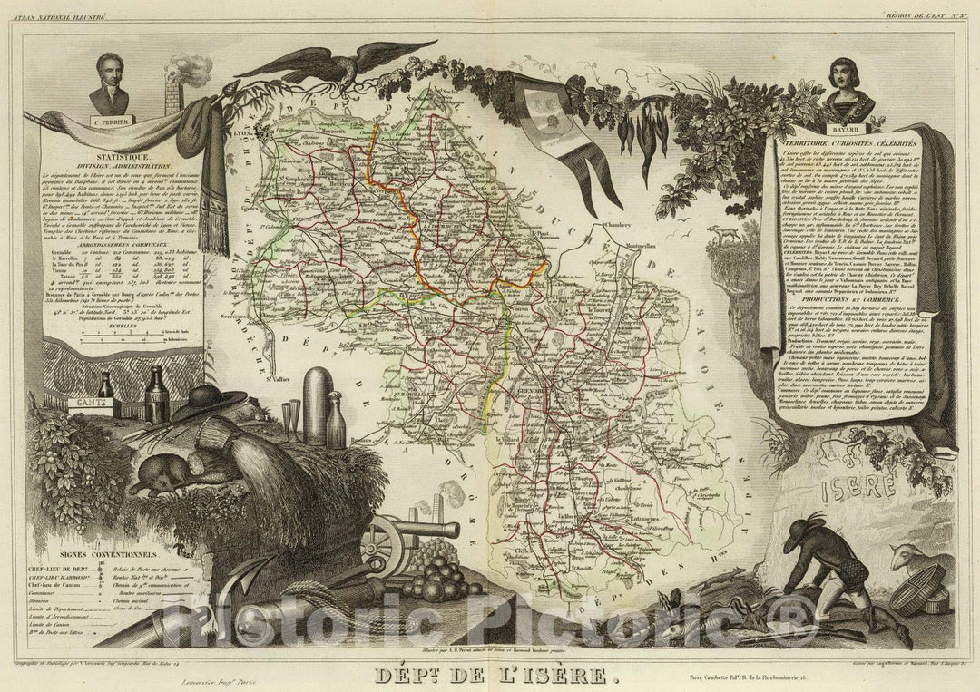 Historic Map : France, 1856 Dept. De L'Isere. , Vintage Wall Art