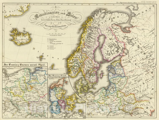 Historic Wall Map : Poland; Sweden, Europe, Eastern 1854 Scandinavien und Polen, kirchlichen Eintheilung bis zur Reformation. , Vintage Wall Art