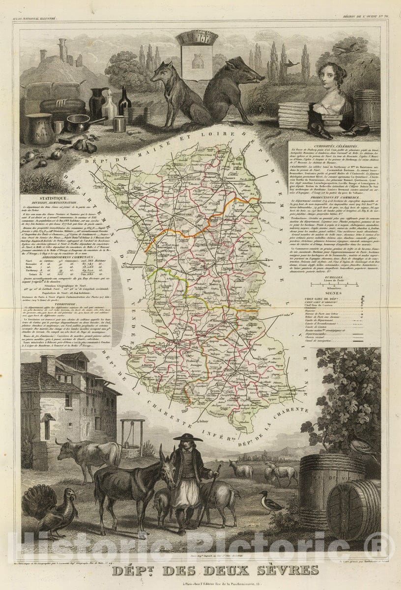 Historic Map : France, 1856 Dept. Des Deux Sevres. , Vintage Wall Art