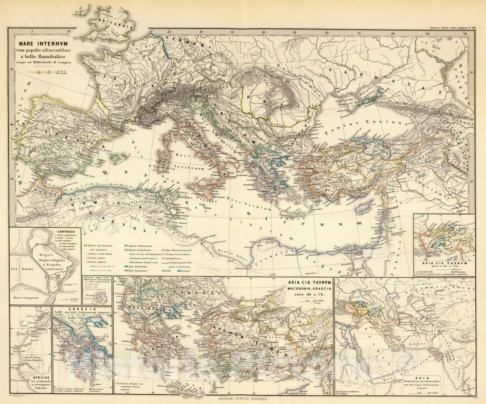 Historic Wall Map : Greece; Tunisia, Carthage (Extinct city), Africa, West, Asia; Eastern Hemisphere 1865, Vintage Wall Art