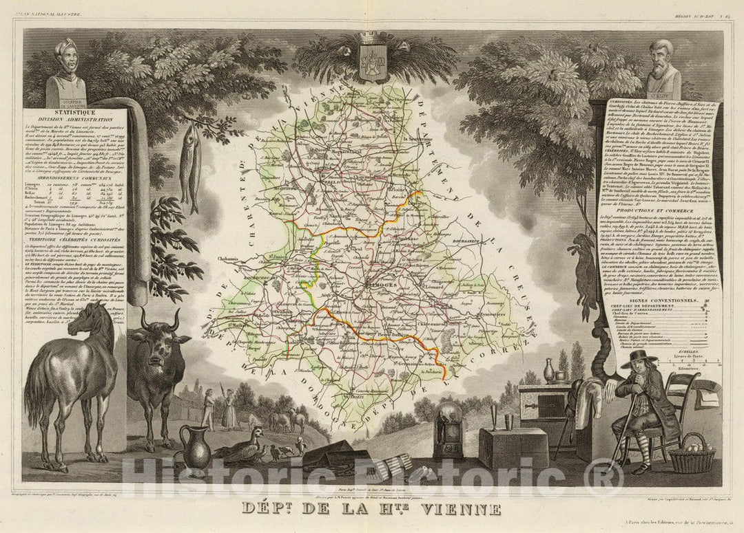 Historic Map : France, 1856 Dept. De La Hte. Vienne. , Vintage Wall Art