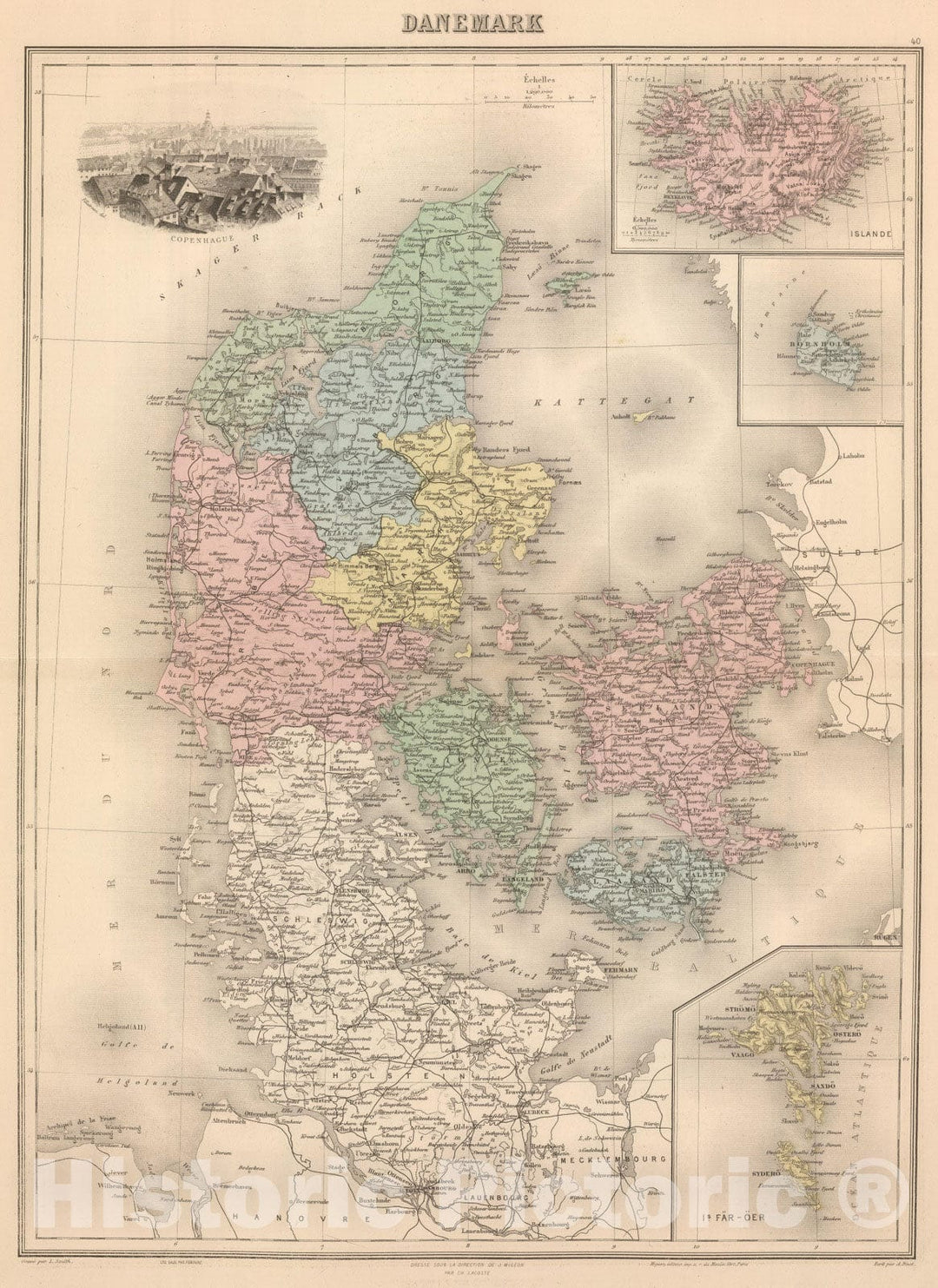 Historic Map : Denmark, 1892 Danemark. , Vintage Wall Art