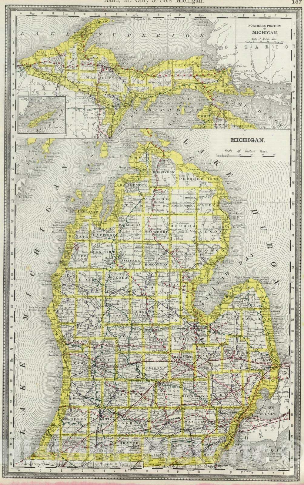 Historic Map : National Atlas - 1889 Michigan. - Vintage Wall Art