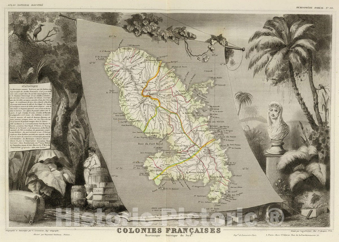 Historic Map : Martinique, 1856 Colonies Francaises Martinique. , Vintage Wall Art