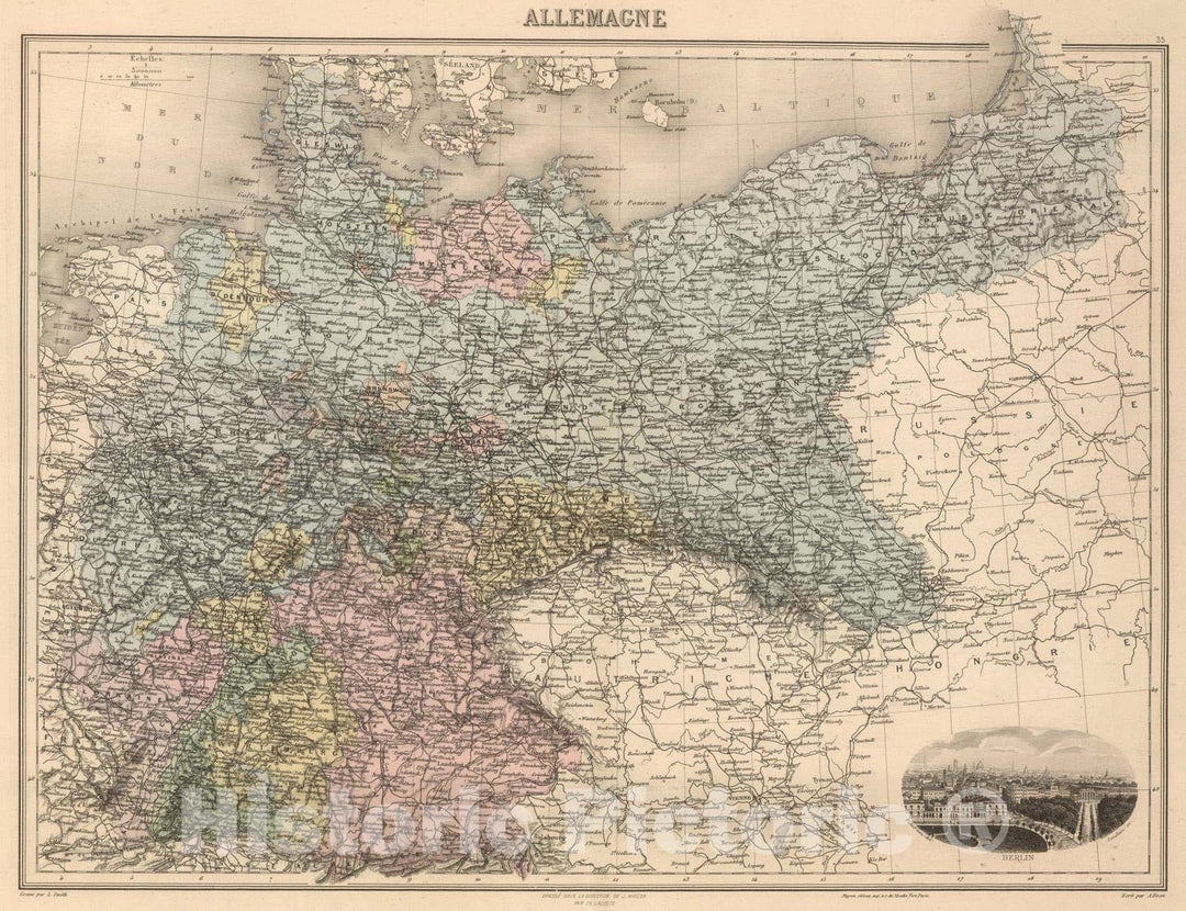 Historic Wall Map : Germany; Poland, 1892 Allemagne. , Vintage Wall Art