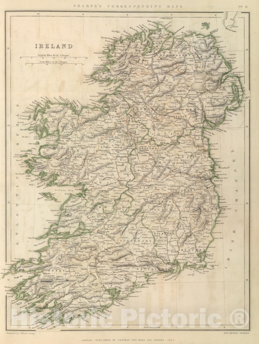 Historic Map : 1847 Ireland. - Vintage Wall Art