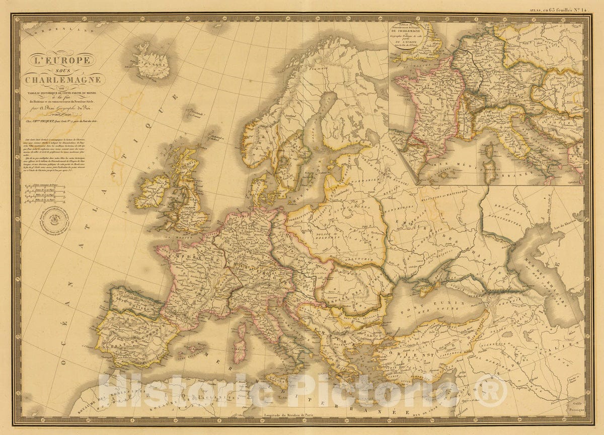 Historic Map : 1826 L'Europe sous l'Empire de Charlemagne. v1 - Vintage Wall Art