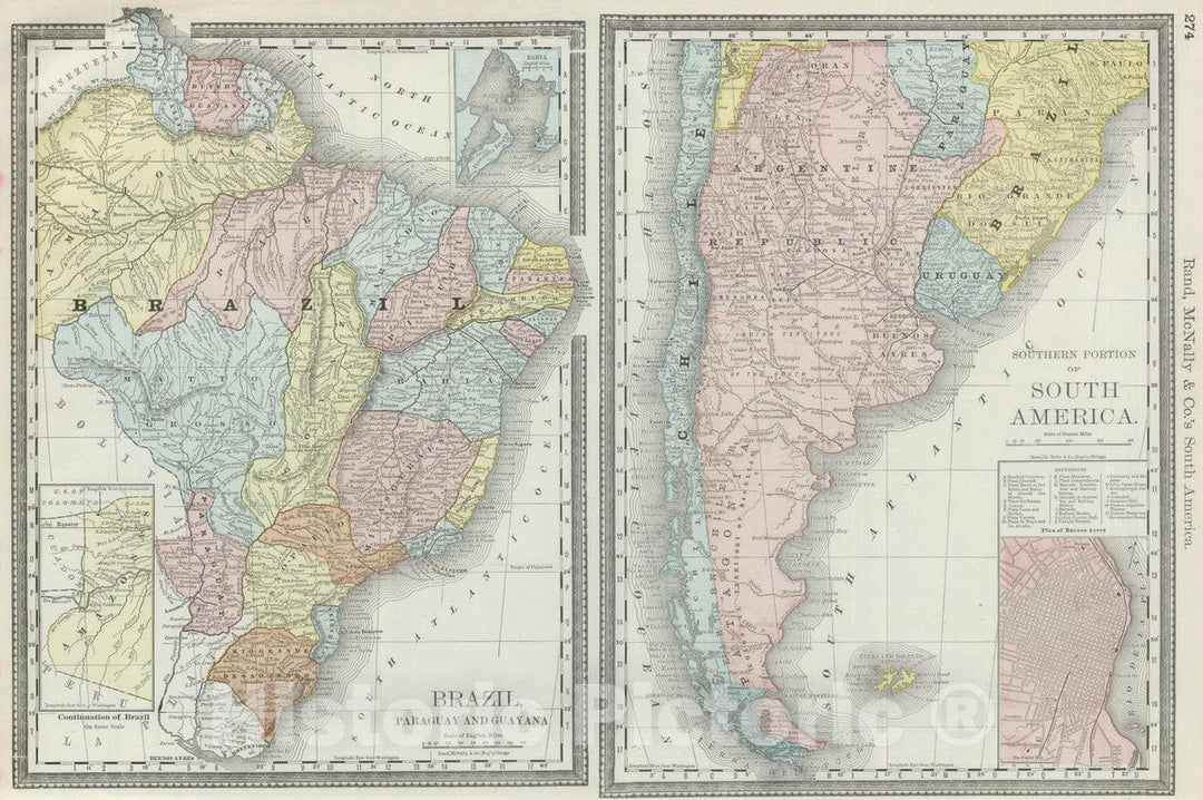 Historic Map : National Atlas - 1889 Southern South America. - Vintage Wall Art