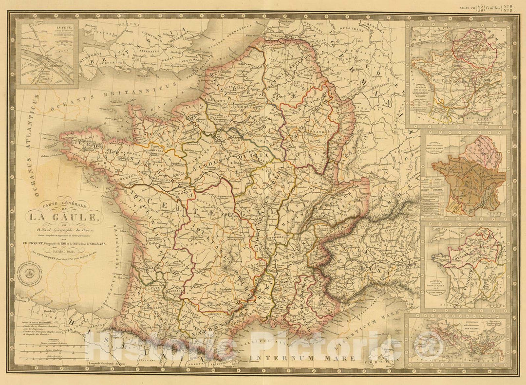 Historic Map : France , Paris France, 1839 Gaule. , Vintage Wall Art