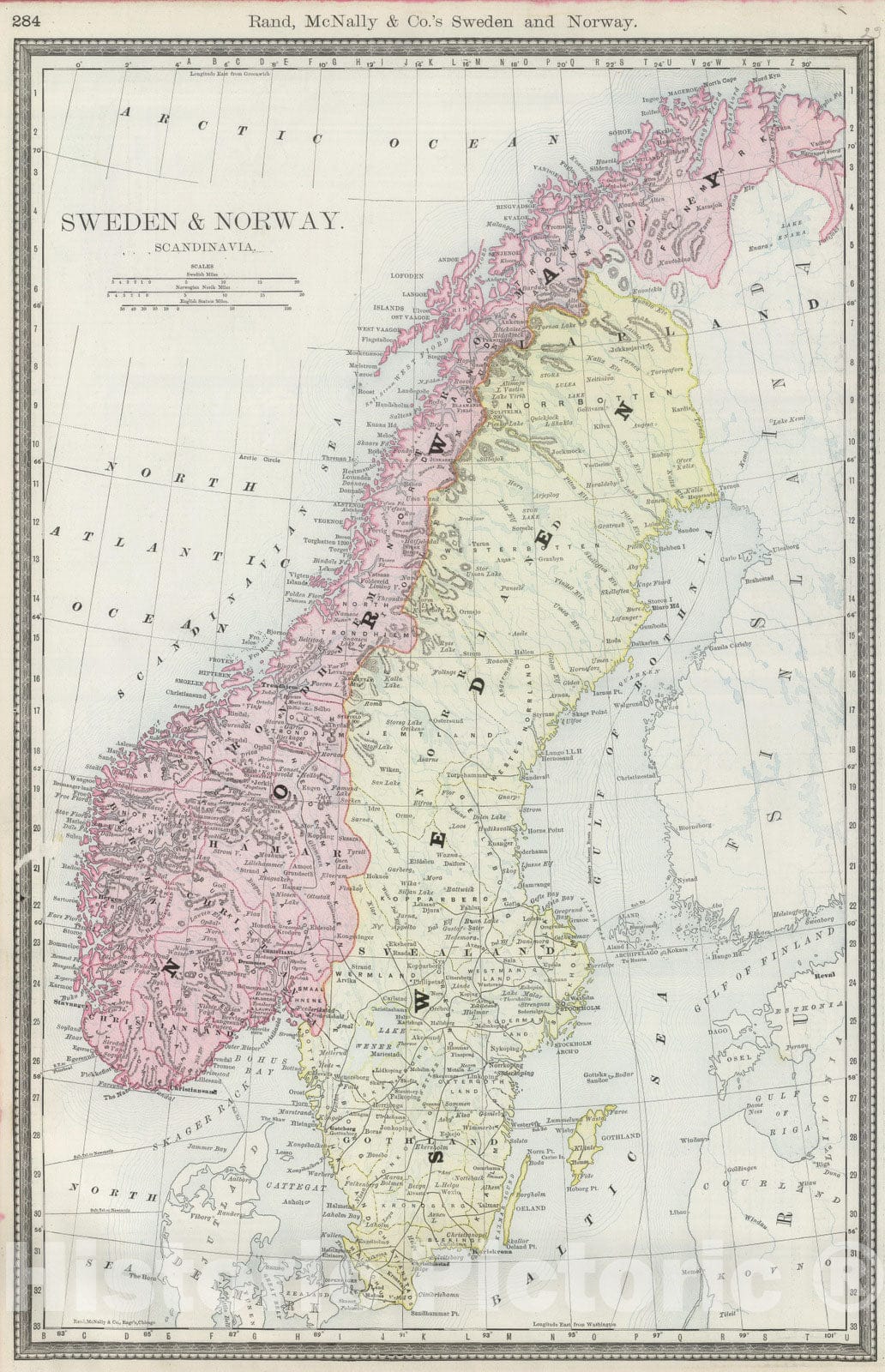 Historic Map : National Atlas - 1889 Sweden and Norway. Scandanavia. - Vintage Wall Art