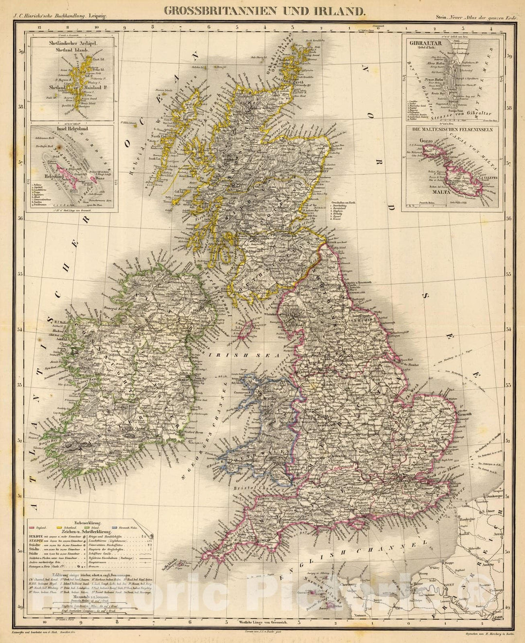 Historic Map : England; Ireland, British Isles 1865 Grossbritannien u. Irland. , Vintage Wall Art