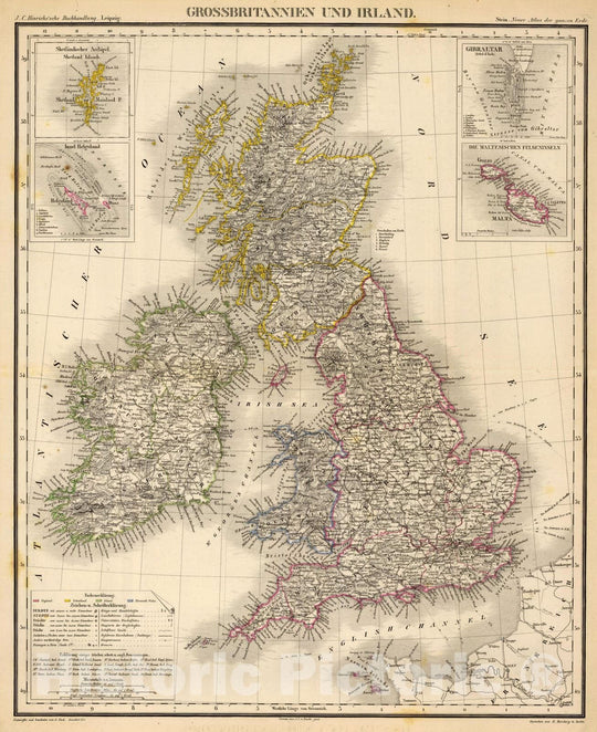 Historic Map : England; Ireland, British Isles 1865 Grossbritannien u. Irland. , Vintage Wall Art