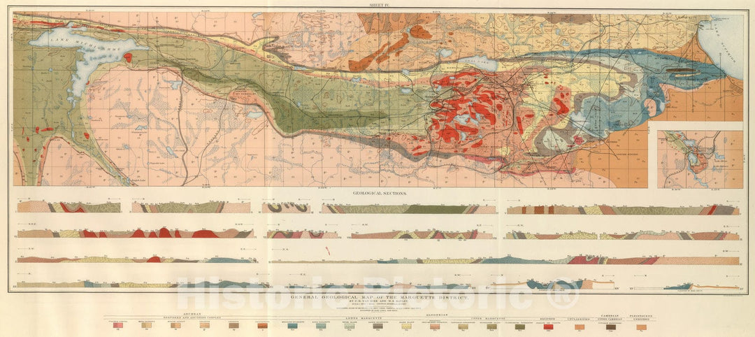 Historic Map : Geologic Atlas - 1896 General Geological Map of the Marquette District. - Vintage Wall Art