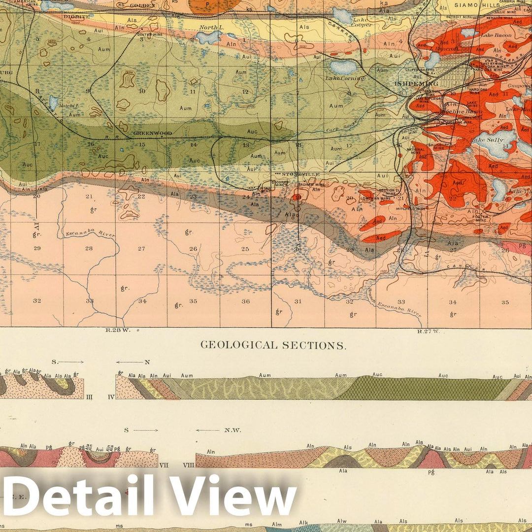 Historic Map : Geologic Atlas - 1896 General Geological Map of the Marquette District. - Vintage Wall Art