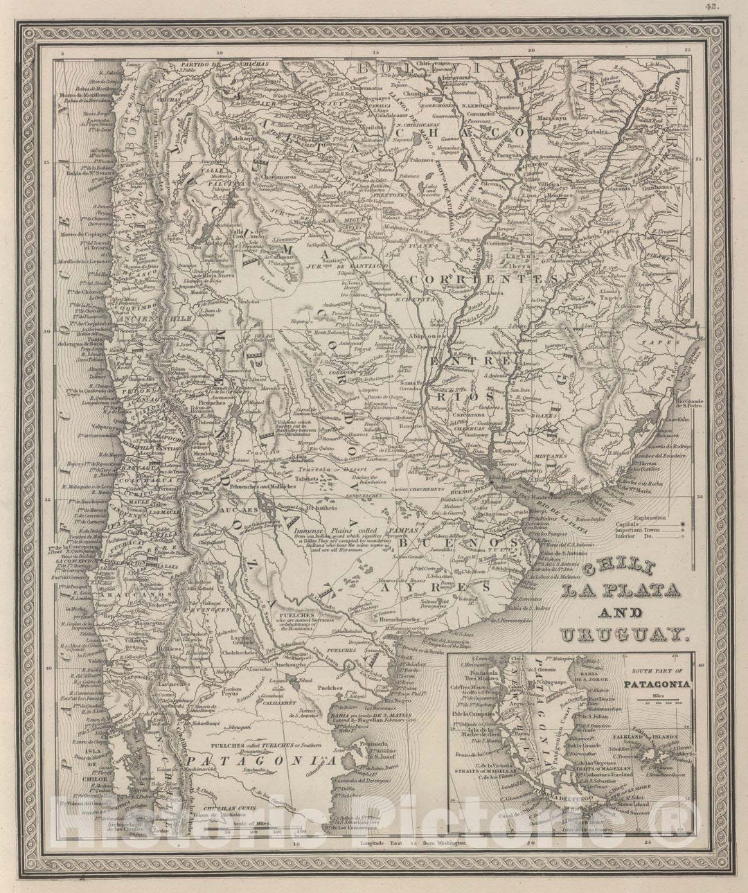 Historic Map : Argentina; Chile, 1848 Chili, La Plata, and Uruguay. , Vintage Wall Art