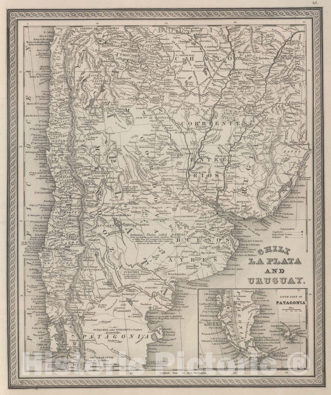 Historic Map : Argentina; Chile, 1848 Chili, La Plata, and Uruguay. , Vintage Wall Art